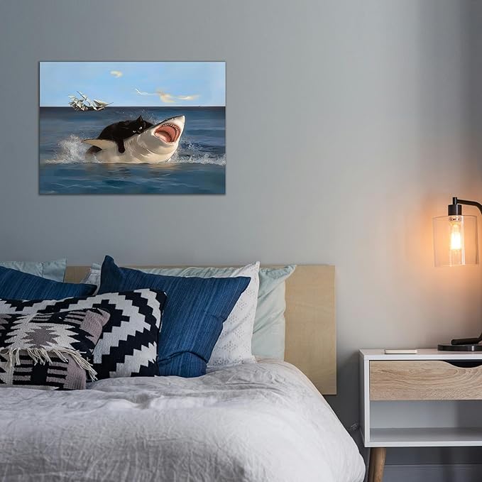BFKDKG Framed Black Cat Wall Art, Abstract Black Cat Shark Poster, Funny quirky cat and shark pictures canvas prints Wall Decor for Room Bedroom Living Room Bathroom 12x16in