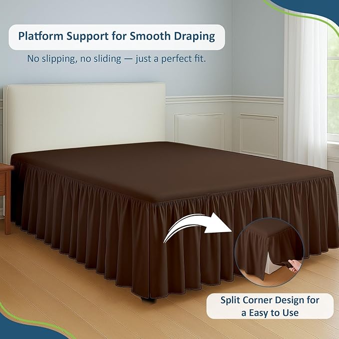 Rajlinen Ruffled Bed Skirt Full, 10 Inch Drop Dust Ruffle with Split Corners, 100% Microfiber Bedskirt with Platform, Three-Sided Coverage Ruffled Gathering Design, Chocolate