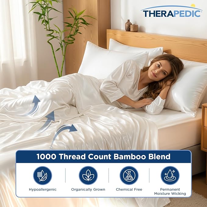 Therapedic 1000TC King 6-Piece Sheet Set - 100% Organic Rayon Derived from Bamboo Blend with Cooling Fiber, Ideal for Hot Sleepers - 16" Deep Pocket Fitted Sheet, Bonus Pillowcases - Ivory