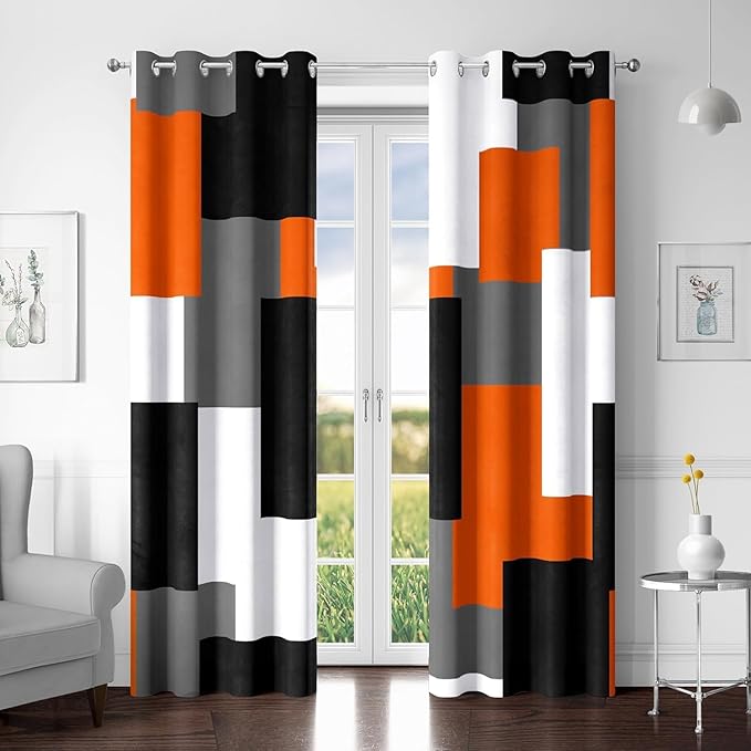 Orange 100% Blackout Curtains for Bedroom 84 inch Length 2 Panels Set Black Grey Modern Abstract Geometric Black Out Curtains Insulated Room Darkening Window Drapes for Living Room, 52Wx84L