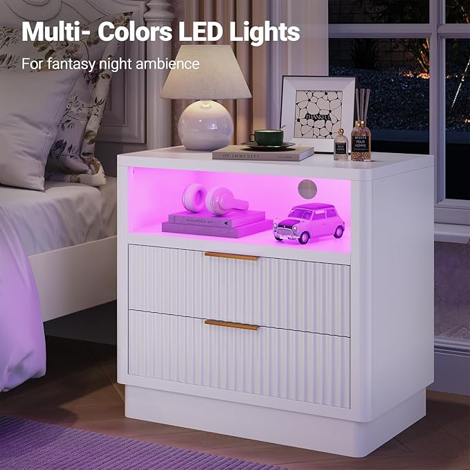 ELYKEN White Nightstand Set of 2 with Charging Station & LED Light, Fluted Bedside Cabinet with 2 Drawers, Wooden End Table with USB & Type-C Port for Bedroom Living Room