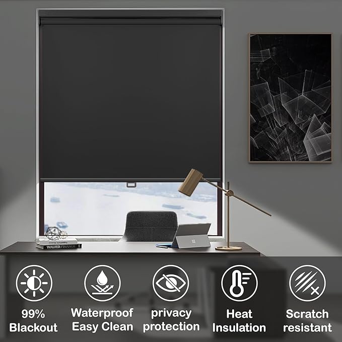 HESTIA No Drill Cordless Blackout Roller Shades Screwless Waterproof Shower Window Blinds, Auto-Retraction Easy Install Blind for Bathroom/Kitchen/Office/Exterior, Black, 56" W x 54" H