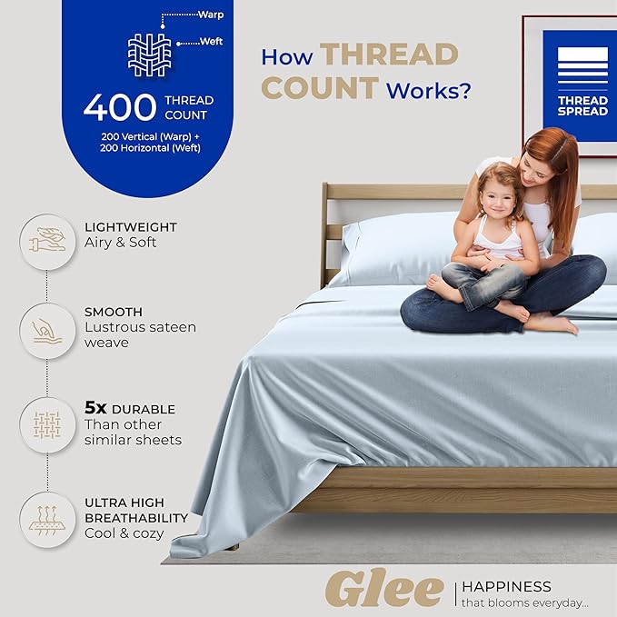 THREAD SPREAD 100% Cotton Sheets King Size - 400 Thread Count King Size Sheets Set (4 PC, Light Blue), 16" Deep Pocket All Around Elastic, Soft, Cooling, Durable & Breathable Sateen Bed Sheet Set