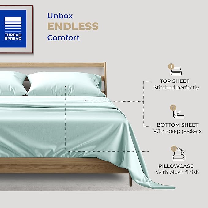 THREAD SPREAD 100% Cotton Bed Sheets Twin XL Set - 400 Thread Count Cotton Twin XL Sheets Only, 3 PC Set (Sea Foam), Soft, Breathable, Cooling, Sateen Weave 16" Deep Pocket Bedsheet for Hot Sleepers