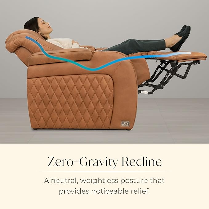 Seatcraft Diamante Zero-Gravity CoolZero Italian Leather Home Theater Seating, Power Headrest, Power Recline, Row of 3 Left Loveseat, Tawny