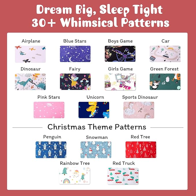 JSD Dinosaur Kids Christmas Sheet Set Full Size, 4 Piece Soft Printed Microfiber Bed Sheets Deep Pocket