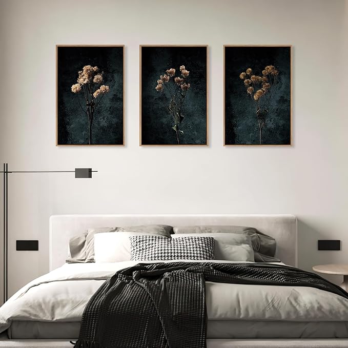 LHIUEM Dark Moody Wildflowers Framed Canvas Wall Art Set,Minimalist Wildflower Wall Decor,Vintage Black Flower Botanical Painting, Aesthetic Floral Artwork for Living Room,Bedroom,Office-24''x36''x3