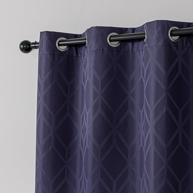 Amazon Basics Jacquard 2-Piece 100% Blackout Curtains, Living Room and Bedroom Drapes, Thermal Insulated Window Treatment, 52"x72", Dark Blue