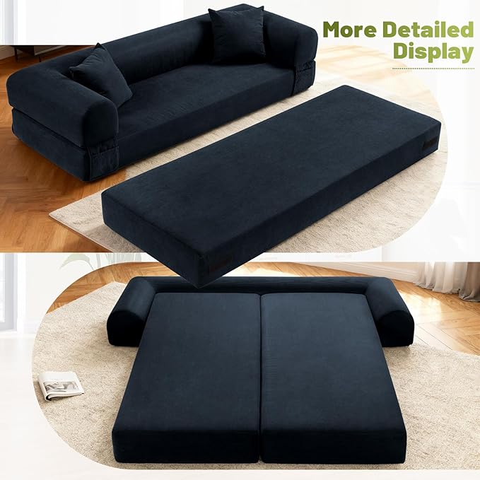 Convertible Sofa Bed,80" Folding Sleeper Sofa Bed Queen with Pillows & Storage,Corduroy Pull Out Couch Boneless Couches for Living Room,Compressed Couch in a Box,Deep Blue