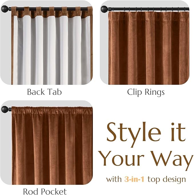 Lazzzy Burnt Orange Blackout Velvet Curtains 84 Inch Long Thermal Insulated Room Darkening Curtain Drapes Luxury Back Tab Window Treatments for Bedroom Living Room 2 Panels, 52 x 84 Inch, Caramel