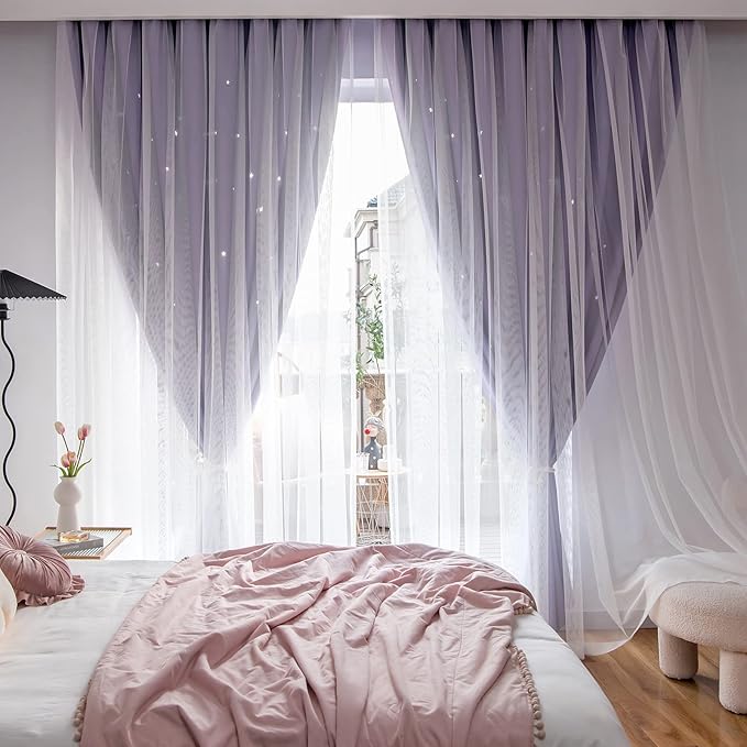 Star Double Layer Blackout Curtains for Bedroom - Kids & Cute, 108 Inches Long, 2 Panels Set, Purple, 42 X 108 Inches