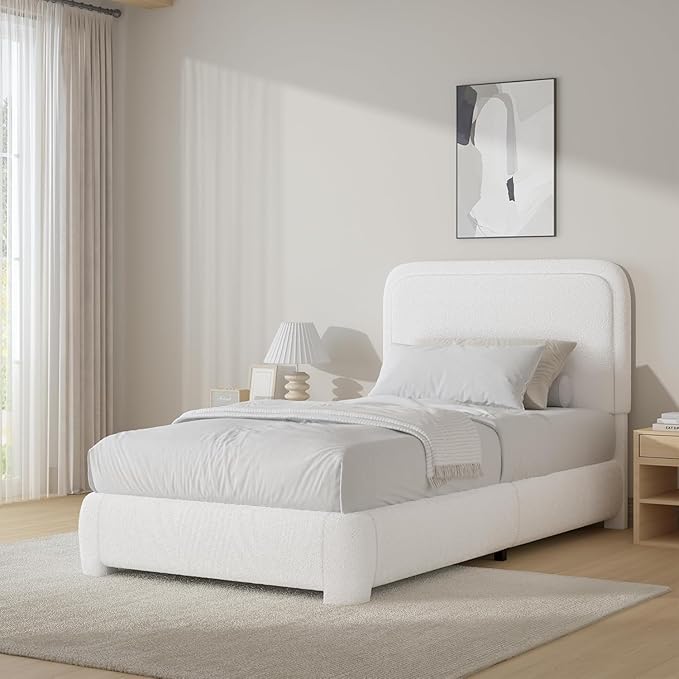 BarnFurin Twin Bed Frames with Headboard,Cloud Boucle Upholstered Platform Bed, Modern Style, Soft Rounded Corners, No Box Spring Needed, Easy Assembly, White