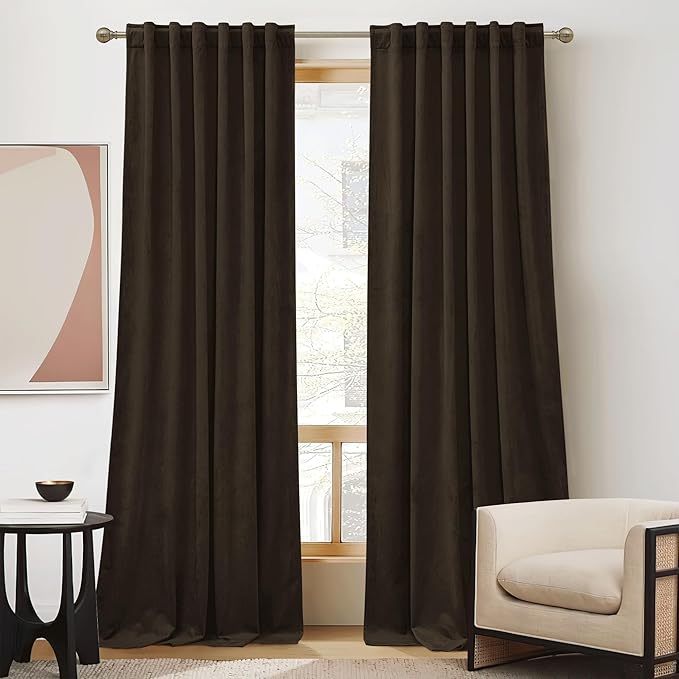 RYB HOME Brown Velvet Curtains 96 inches, Back Tab Soft Fabric Room Darkening Thermal Insulated Luxurious Home Decor Curtains for Living Room Bedroom, W 52" x L 96", 2 Panels Set