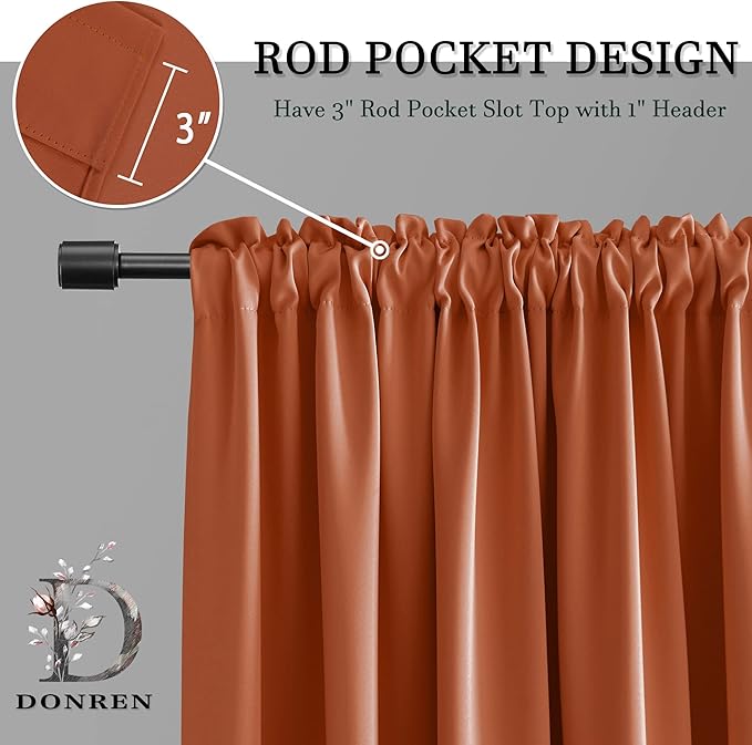 DONREN Burnt Orange Ochre Blackout Curtains for Bedroom 84 Inches Long Thermal Insulated Window Curtain for Living Room, Energy Efficicent Rod Pocket Window Treatment Decorative Panel