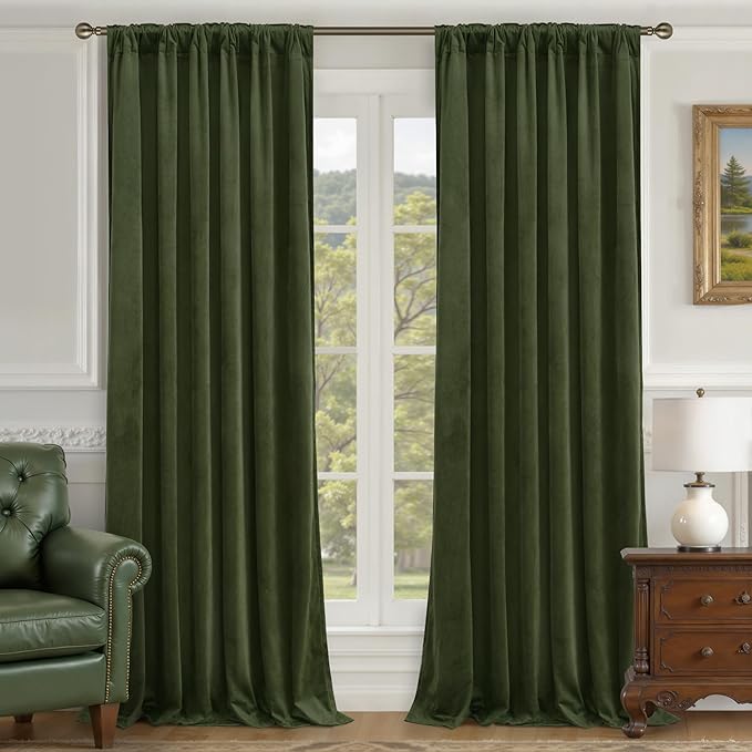 LAMIT Olive Green Velvet Curtains for Living Room 102 Inch Length, Room Darkeing Blackout Panels Luxury Thermal Insulated Back Tab and Rod Pocket Window Drapes for Bedroom, 2 Panels, 52 x 102 Inch