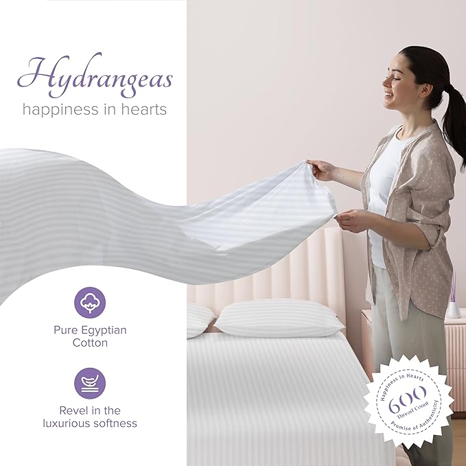 Carressa Linen Luxury Egyptian Cotton Full Stripe Sheet Set - 600 Thread Count Extra Long Staple 4 PC Set, Crisp White Full Damask Sheets, Soft, Cooling Sateen Weave Sheets Upto 18 in Deep Pocket