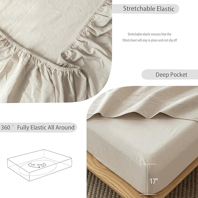 MooMee Fitted Bottom Sheet Only 100% Washed Cotton Linen Like Textured Breathable Durable Soft Comfy Deep Pocket Fits Mattress up to 17" (Tannish Linen Grey, Twin)