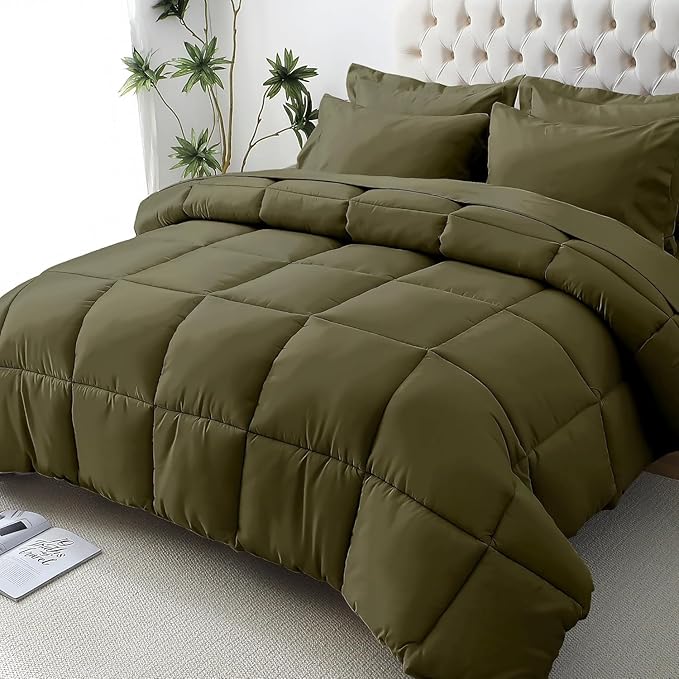 JOLLYVOGUE Full Comforter Set, Ultra-Soft Bed in a Bag Full Size 7 Pieces, Oeko-TEX Certified Bedding Set with Down Alternative Comforter, Sheets, Pillowcases & Shams, Olive Green