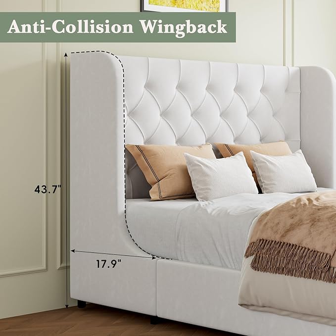 HOMBCK White King Bed Frame, Velvet Upholstered Platform Bed Frame with Headboard, Curved Wingback Design, Wooden Slats, No Box Spring, Noise Free, Easy Assembly