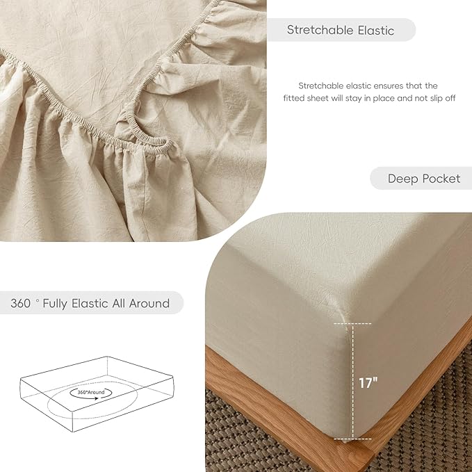 MooMee Fitted Bottom Sheet Only 100% Washed Cotton Linen Like Textured Breathable Durable Soft Comfy Deep Pocket Fits Mattress up to 17" (Almond Milk Grey, Queen)