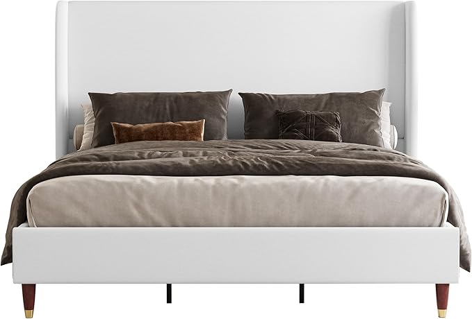 Jocisland King Upholstered Platform Bed Frame with 51.2" Tall Wingback Headboard–Solid Wood Legs, No Box Spring Needed, White Linen–Modern Style for Any Bedroom