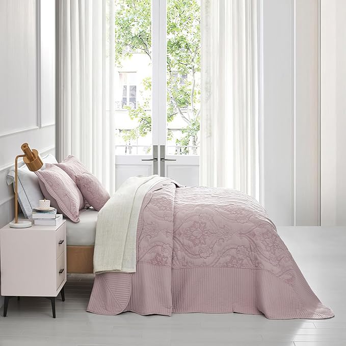 CHIXIN Bedspread Coverlet Quilt Set Full Size - Lightweight Bedding Cover - Beautiful Stitching - 5 Piece Reversible Bedspread - Gorgeous Damask Paisley Pattern (Full, Pale Rose)