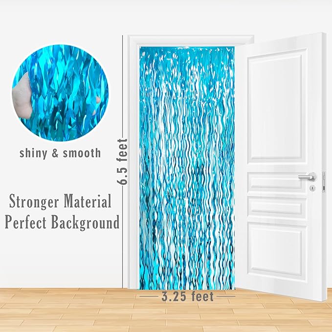 GOER 3.2 ft x 6.5 ft Metallic Tinsel Foil Fringe Curtains Party Photo Backdrop Party Streamers for Birthday,Graduation,New Year Eve Decorations Wedding Decor (5 Pcs,Wavy Light Blue)