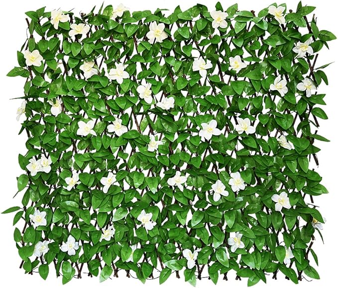 GLANT Expandable Fence Privacy Screen for Balcony Patio Outdoor,Decorative Faux Ivy Fencing Panel,Artificial Hedges (Single Sided Leaves) (4, Green-Flowers)