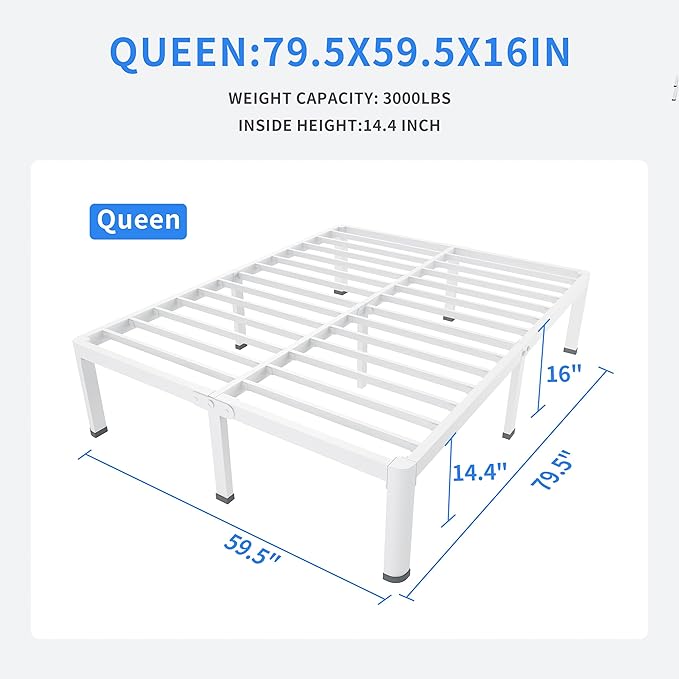 MAF 16 Inch Queen Size Bed Frame White with Round Corner Legs Mattress Slide Stopper No Box Spring Needed Heavy Duty Metal Platform Bed Frames Under-Bed Storage Space, 3000 LBS Steel Slats Support