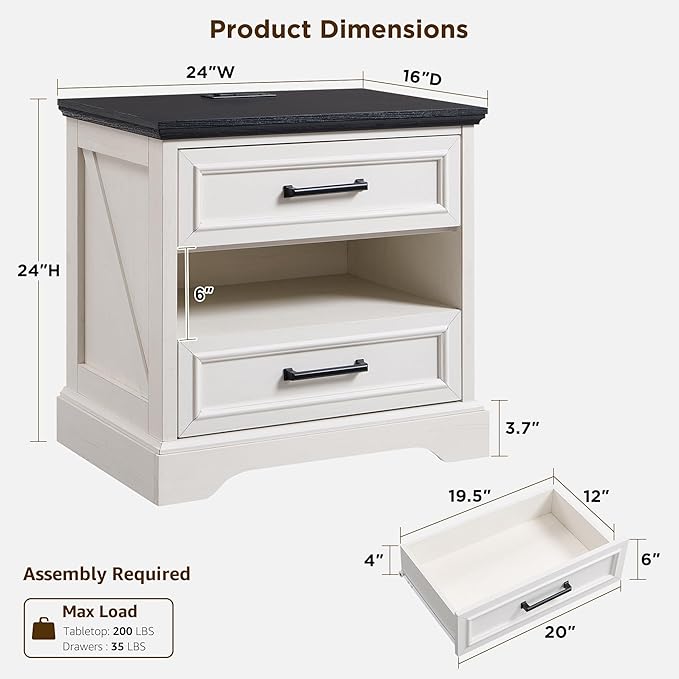 ACCOHOHO 24" Farmhouse Nightstand with Charging Station, 2 Drawers Large Bedside Table with Open Shelf, Rustic End Table for Bedroom - White
