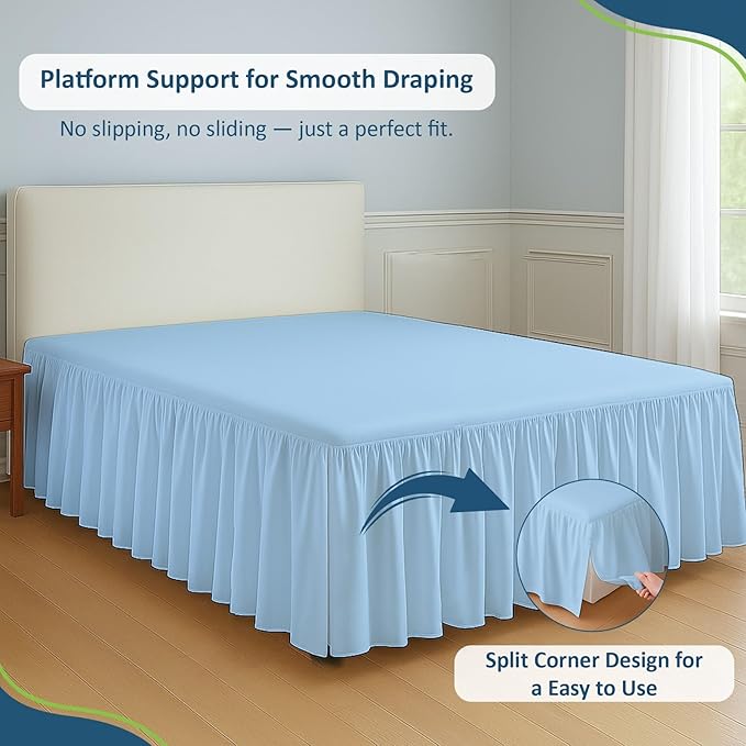 Rajlinen Ruffled Bed Skirt Queen, 24 Inch Drop Dust Ruffle with Split Corners, 100% Microfiber Bedskirt with Platform, Three-Sided Coverage Ruffled Gathering Design, Light Blue
