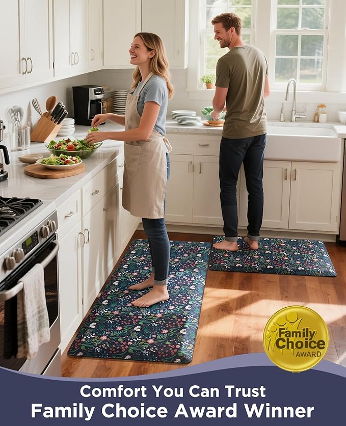 Ophanie Kitchen Mats for Floor, 3/4 inch Thick, 20x48 Anti Fatigue Cushioned Mat, Kitchen Rugs, Waterproof, Comfort Ergonomic Standing Mat for Office, Home, Sink, Blue Flower Non-Slip Ridged Bottom
