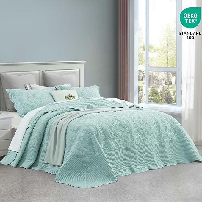 CHIXIN Oversized Bedspread Coverlet Set King Size - Lightweight Bedding Cover - Beautiful Stitching - 5 Piece Reversible Bedspread - Gorgeous Damask Paisley Pattern (King, Seaglass)