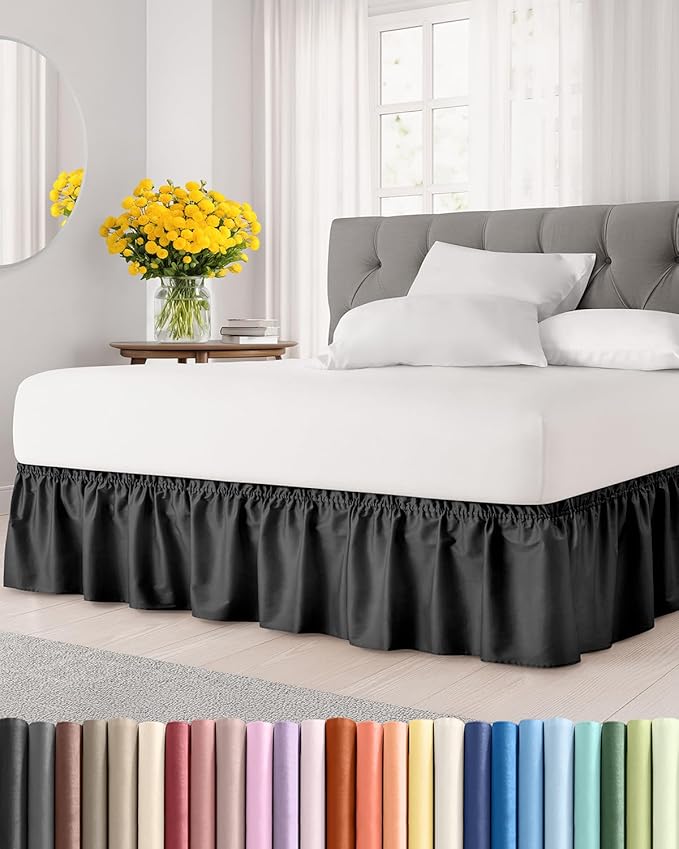 Wrap Around Dust Ruffle Bed Skirt - Black - for Queen Size Beds with 24 Inch Drop - Easy Fit Elastic Strap - Adjustable Pleated Bedskirt w/Brushed Fabric - Wrinkle Free - for Women, Men, Kids & Teens