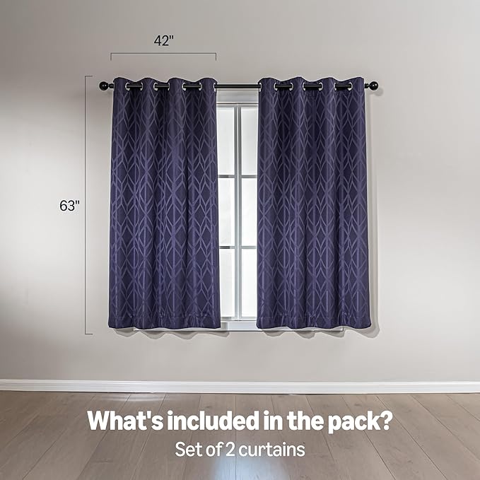 Amazon Basics Jacquard 2-Piece 100% Blackout Curtains, Living Room and Bedroom Drapes, Thermal Insulated Window Treatment, 42"x63", Dark Blue