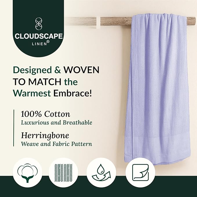 Cloud Scape Linen 100% Cotton Blanket King 92x108 Lavender Blue - Cozy Herringbone Weave, Fits Up to Cal King Beds, Breathable Softness, All-Season Warmth, Heavy Layering Winter Blanket
