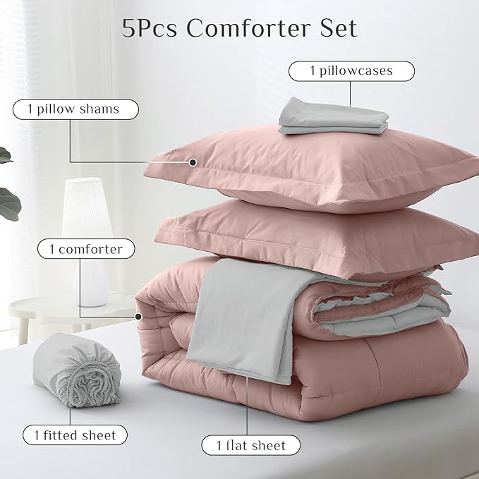 JOLLYVOGUE Twin Comforter Set, Ultra-Soft Bed in a Bag Twin Size 5 Pieces, Oeko-TEX Certified Bedding Set with Down Alternative Comforter, Sheets, Pillowcases & Shams, Pink & Light Grey