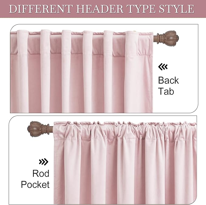RYB HOME Pink Velvet Curtains 102 inches, Back Tab Soft Fabric Room Darkening Thermal Insulated Luxurious Home Decor Curtains for Living Room Bedroom, W 52" x L 102", 2 Panels Set
