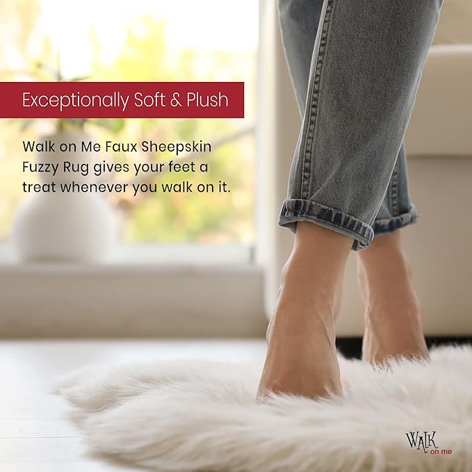 Walk on Me Silky Soft Shaggy Faux Fur Sheepskin Rug with Non-Slip Backing for Living Room, Bedroom, Kid's Room, or Nursery, Home Decor Accent, White