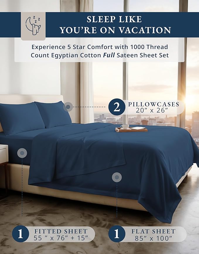LANE LINEN 100% Egyptian Cotton Bed Sheets Full Size - 1000 Thread Count, Long Staple Mercerized Cotton Bedding Sheets, Luxury Hotel Like Thick 15" Deep Pocket, Reinforced French Seams - Estate Blue