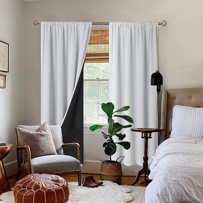 BGment Thermal Insulated 100% Blackout Curtains for Bedroom with Black Liner, Double Layer Full Room Darkening Noise Reducing Rod Pocket Curtain (42 x 72 Inch, Greyish White, 2 Panels)