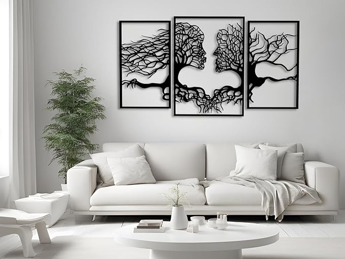 VAILLA Tree of Life Wall Wooden Art Abstract Tree Man Woman Face Large 3D Wooden Wall Decor Set of 3 Hanging Sculpture Modern Home Decoration 3D Textured Sculptures for Living Room Bedroom Office Dinnig Room (71"L x 39"W)