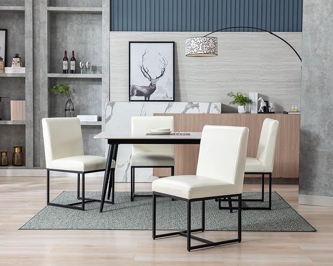 CIMOTA Modern Dining Chairs Set of 6, Leather Dining Room Chairs Upholstered Armless Guest Side Chair with Black Base for Dining Room/Kitchen, Cream 6PCS