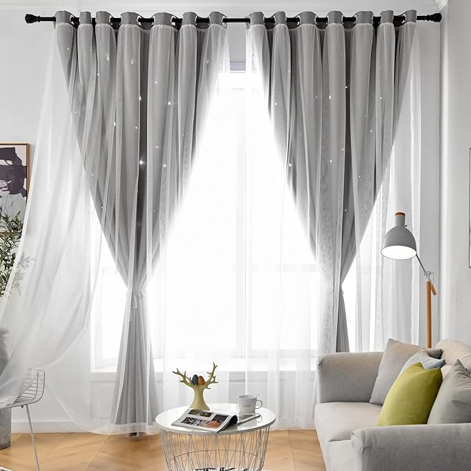 Star Curtains Blackout Curtains for Bedroom, Kids Room Curtains Nursery Curtains Double Layer Curtains, Kids Curtains for Boys, 84 Inch Curtains 2 Panel Set, Grey Curtains, 52 X 84 Inches