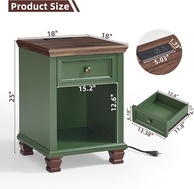 SAVOR LIFE Farmhouse End Tables Living Room Set of 2, Rustic Wood Nightstand with 1 Drawer, Bedside Table with Open Shelf for Bed Room, Side Table for Living Room, Green