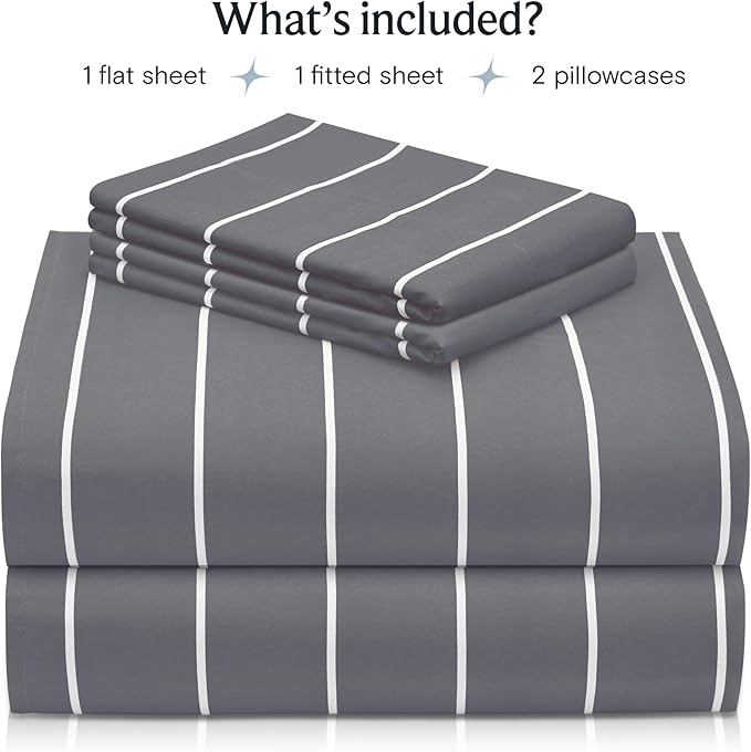 LuxClub 4 PC Full Sheet Set, Deep Pockets Wrinkle Free Cooling Bed Sheets Hotel Bedding for Women, Men, Includes 1 Fitted Sheet, 1 Flat Sheet and 2 Pillowcases-Striped - Light Grey