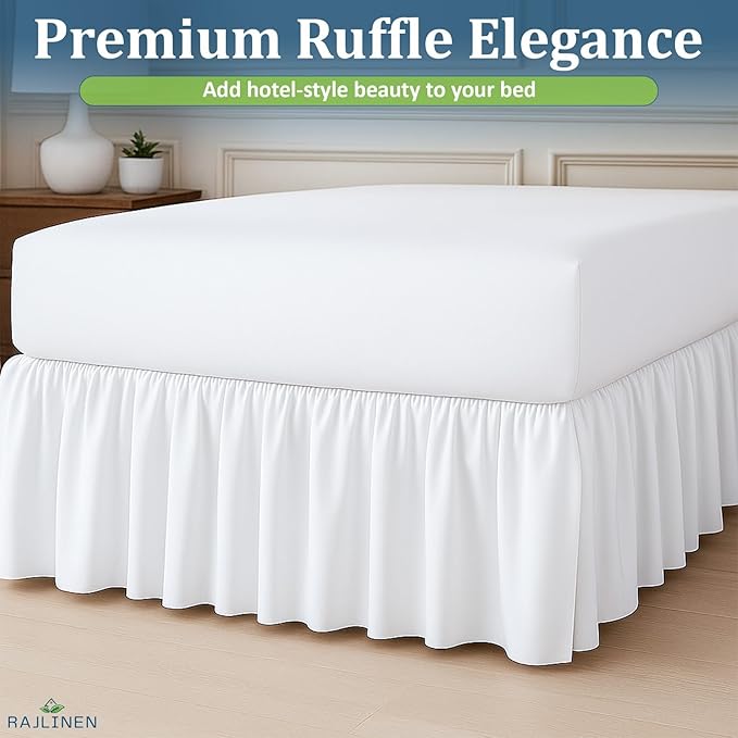 Rajlinen Ruffled Bed Skirt Full, 24 Inch Drop Dust Ruffle with Split Corners, 100% Microfiber Bedskirt with Platform, Three-Sided Coverage Ruffled Gathering Design, White