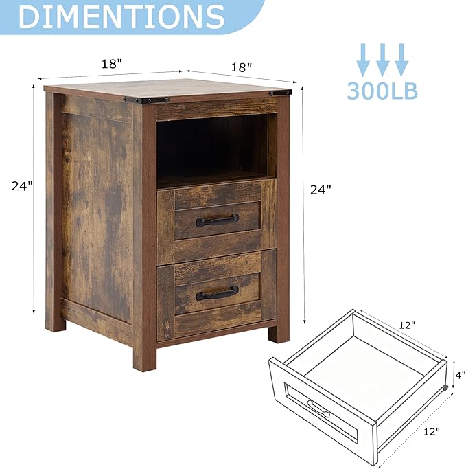 Brown Rustic Night Stand, Farmhouse End Table, Modern Bedside Table with 2 Storage Drawers and Open Shelf, Tall Nightstand for Bedroom