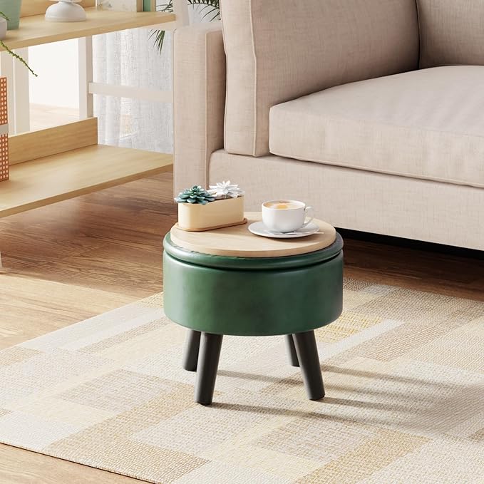 FIMIVIBI Small Foot Stool Ottoman with Storage, Faux Leather Ottoman Foot Rest for Couch, Round Footstool Ottomans for Living Room (Green)