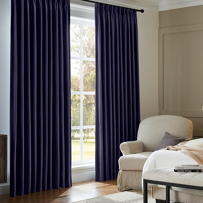 Pinch Pleated 100% Blackout Curtains for Bedroom, Navy Blue Velvet Curtains for Living Room, Black Out Curtain 102 inch Long Room Darkening, Blackout Pinch Pleat Drapes with Hooks 2 Panels